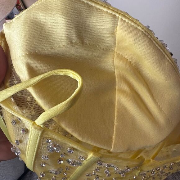 NWT MAC DUGGAL Yellow Spaghetti Strap Beaded Sheer Bodice Gown with Slit Size Sm - Picture 15 of 16